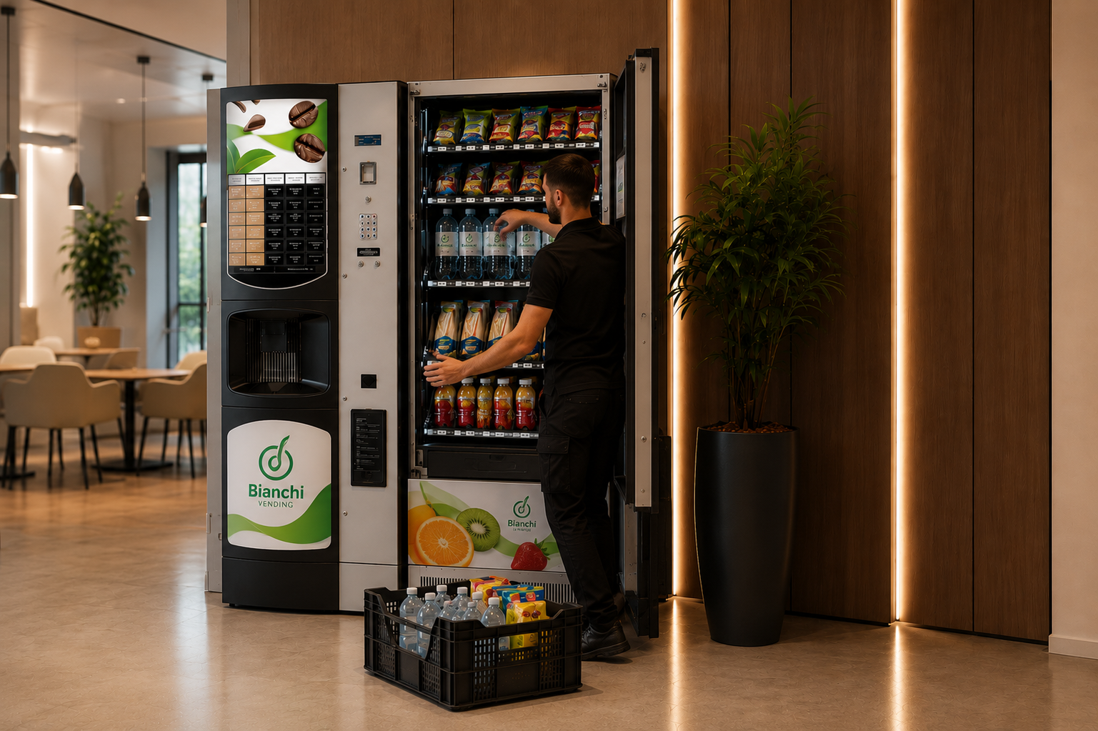 Technik doplňuje a servisuje vendingový automat Bianchi